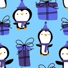 Christmas animals seamless penguin pattern for wrapping paper and fabrics and kids print and winter packaging