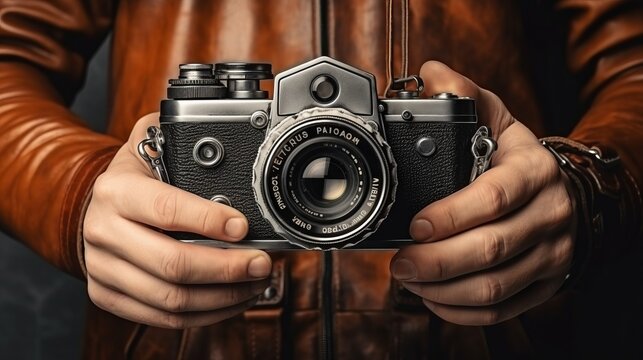 Capturing Timeless Moments: Vintage Camera in Skilled Hands - Stock Image