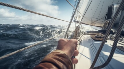Obraz premium Seafaring Serenity: Mastering the Waves with Grace - Inspiring Stock Image of Skilled Hands Guiding a Sailboat through the Vast Ocean