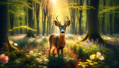 Deer in blooming forest