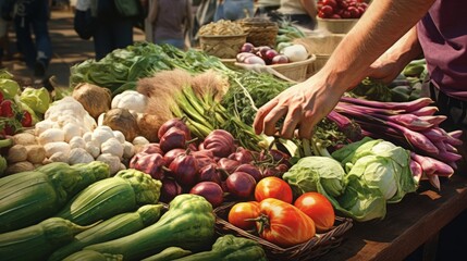 Harvesting Nature's Bounty: Vibrant Hands Delve into a Cornucopia of Organic Vegetables at a Lively Farmer's Market - obrazy, fototapety, plakaty
