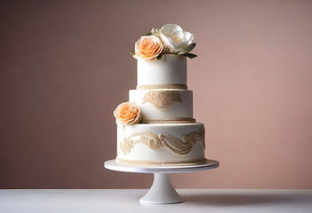 simple wedding cake with flowers on minimal background - obrazy, fototapety, plakaty