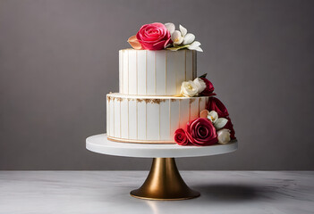 simple wedding cake with flowers on minimal background