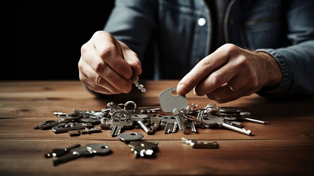 Masterful Precision: Skilled Locksmith's Hands Expertly Selecting the Perfect Key Blank on Workbench