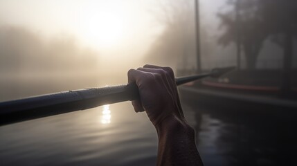 Misty Morning Mastery: Captivating Hands of a Professional Rower Grasping Oars in a Scull