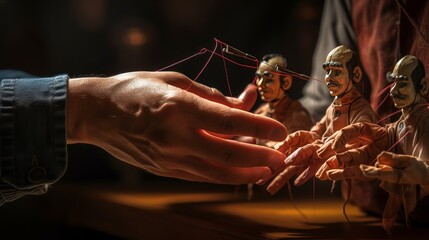 Masterful Manipulation: Captivating Puppeteer's Hands Bring Marionettes to Life in Mesmerizing Performance - obrazy, fototapety, plakaty