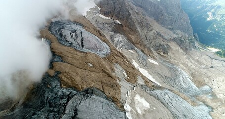 The Marmolada glacier in summer: Aerial view of the last and the only glacier of the Dolomites,...