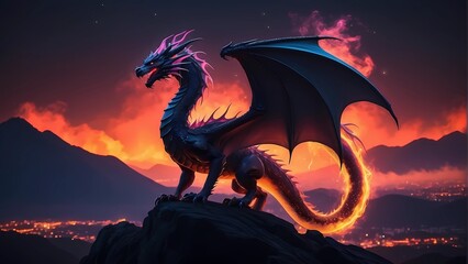 Colorful dragon art illustration on dark fantasy background, Vibrant Neon Dragon
