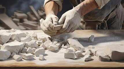 Masterful Creation: Skilled Stonemason Crafting Timeless Beauty with Chisels and Dust - obrazy, fototapety, plakaty