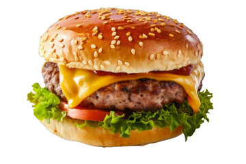 Close up of a cheeseburger, png stock photo file cut out and isolated on a transparent and white background