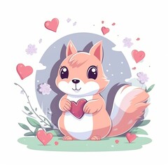 Obraz na płótnie Canvas Enchanting Love: Adorable Squirrel Sticker in Pastel Flat Style