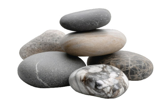 Six stones of different shapes, sizes, png stock photo file cut out and isolated on a transparent and white background