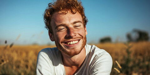 young man with red hair an freckles sitting in a field - obrazy, fototapety, plakaty
