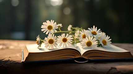 Daisies resting on open book in serene, sunlit woods.