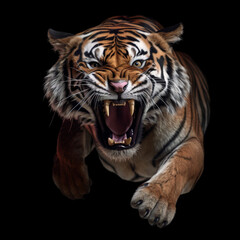 Fototapeta premium Beautiful tiger in a jump with sharp fangs isolated on a black background. Dangerous, angry tiger