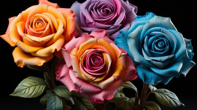 Vibrant Blooms: A Kaleidoscope of Multicolor Roses - Captivating Stock Image for Alluring Floral Displays and Romantic Designs
