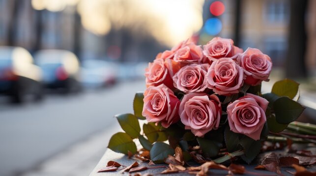 Romantic Rose Bouquet: Love Blooms Amidst the Urban Jungle - Captivating Depth of Field Image