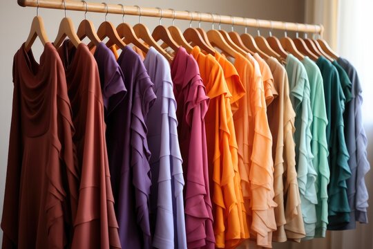 Closeup of rainbow color choice of trendy female wear on hangers in store closet