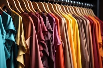 Obraz premium Closeup of rainbow color choice of trendy female wear on hangers in store closet