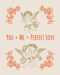 Vintage Valentine's day cupids or little angels cards. Engraving retro style