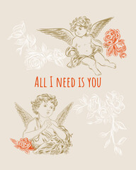 Vintage Valentine's day cupids or little angels cards. Engraving retro style