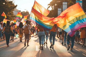 vibrant photo capturing a minimalist but energetic LGBTQ+ rights march with participants carrying banners and flags, advocating for visibility and equal rights in a minimalistic ph - obrazy, fototapety, plakaty