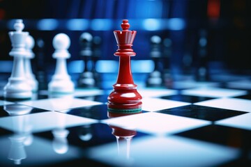 Explore the dynamics of chess in a bold composition showcasing a red chess piece amidst the black and white chessboard, communicating the tension and foresight of the strategic game