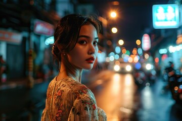 Obraz premium A sophisticated Thai woman in elegant attire, strolling along a city street at night, embracing the urban nightlife