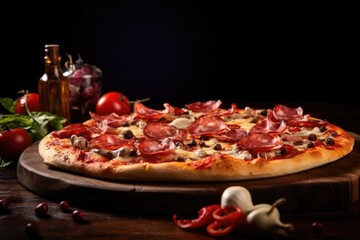 Irresistible pepperoni pizza on a dark surface, a tantalizing tribute to the delectable simplicity of authentic Italian culinary art