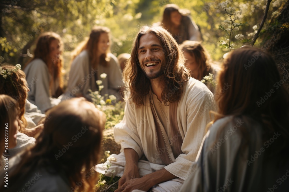 Wall mural in serene tableau, jesus christ and disciples gather, radiating divine harmony. scene captures essen