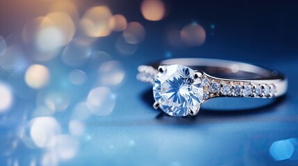 Engagement diamond or sapphire ring on blue background. Graphic banner with copyspace