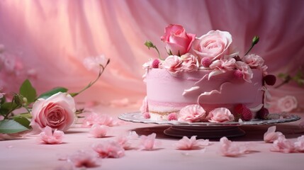 Obraz na płótnie Canvas Enchanting Rose Cake: A Delicate Pink Delight Amidst a Serene Environment