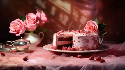 Obraz na płótnie Canvas Enchanting Rose Cake: A Delicate Pink Delight Amidst a Serene Environment