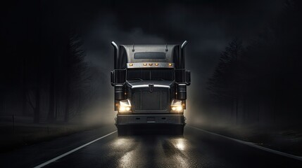 Headlights of a large semi truck on a road during a foggy, rainy night