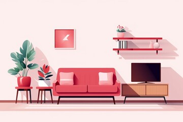 Enchanting Minimalist Living Room: A Perfectly Detailed 3D Vector Illustration in Pink, Red, Green, and White