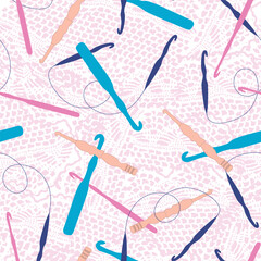 A vector repeat seamless pattern design created with a pink doily texture background with a variety of scattered crochet hooks in teal, pink, navy, blue, and orange. - obrazy, fototapety, plakaty