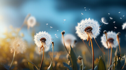 Dandelions dispersing seeds in serene, illuminated field.