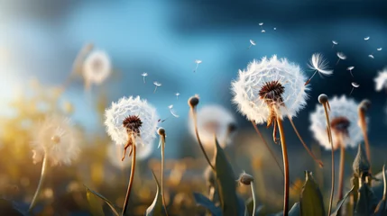  Dandelions dispersing seeds in serene, illuminated field. © Arma Design