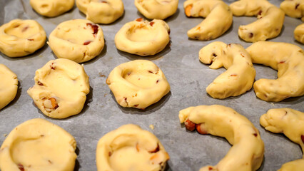 Preparation of Greek cookies Kourabiedes, a type of traditional almond Christmas cookies
