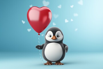 Obraz premium Whimsical Love: Adorable Penguin Embraces Romance with Heart Balloon