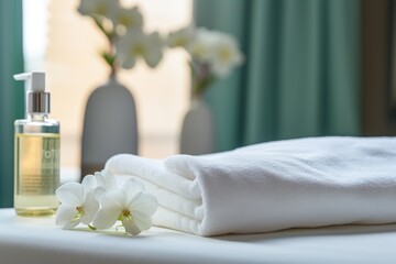Fototapeta na wymiar Beautiful spa composition on massage table in wellness center