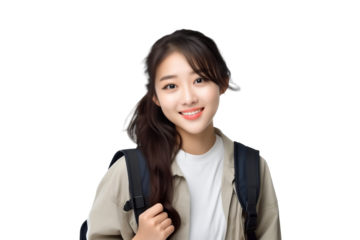 Portrait of a young smiling asian female student isolated on a transparent background. PNG file.