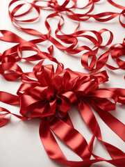 red ribbon on white background. Shiny red satin ribbon on white background. birthday wrapping element. UHD drawing, pen and ink, perfect composition, beautiful detailed .generated photo. 