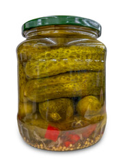 Pickled certioli flavored with chili and pepper in glass jar isolated