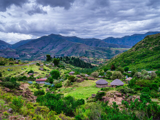 Fototapeta na wymiar Traditional rondavel houses in Mantsa village, Lesotho