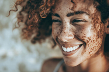 confident smiling woman with freckles - obrazy, fototapety, plakaty
