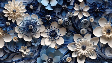 Seamless pattern of a 3D illustration featuring paper quilling anise  floral, a paper filigree floral seamless pattern.