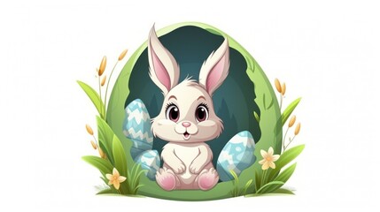 Smiling Cartoon cute bunny sitting in Easter egg surrounded by green grass and flowers grass. On white background. Ideal for childrens books or Easter-themed content.