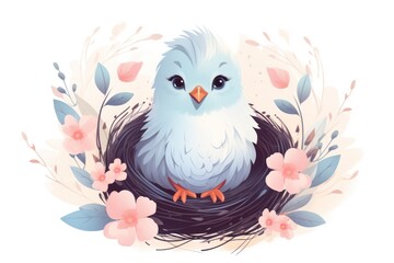 Obraz premium Illustration of adorable little bird in a nest with flowers. Isolated on white background. Funny chick. Ideal for Easter greeting cards, childrens books, banners, posters