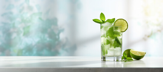 Summer mojito cocktail in a glass with mint and lime on a light background. Bright design for advertising bar, coffee and restaurant. Place for text
